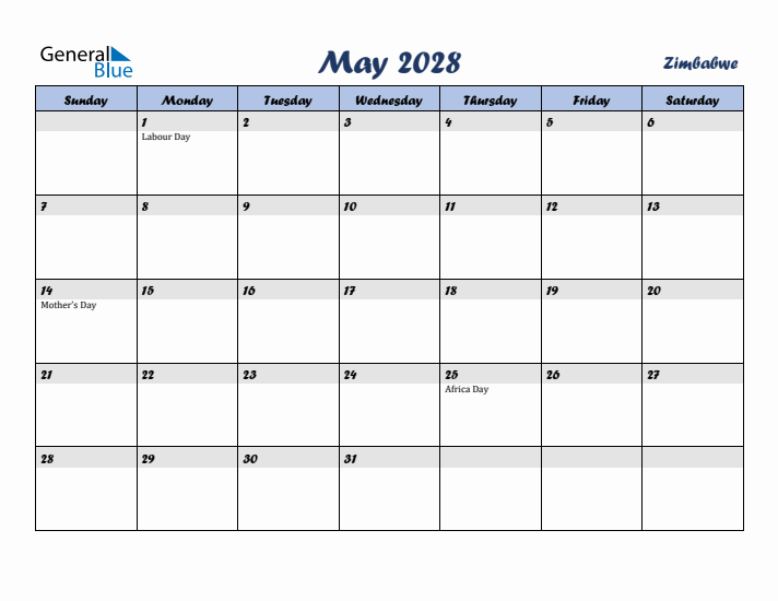 May 2028 Calendar with Holidays in Zimbabwe