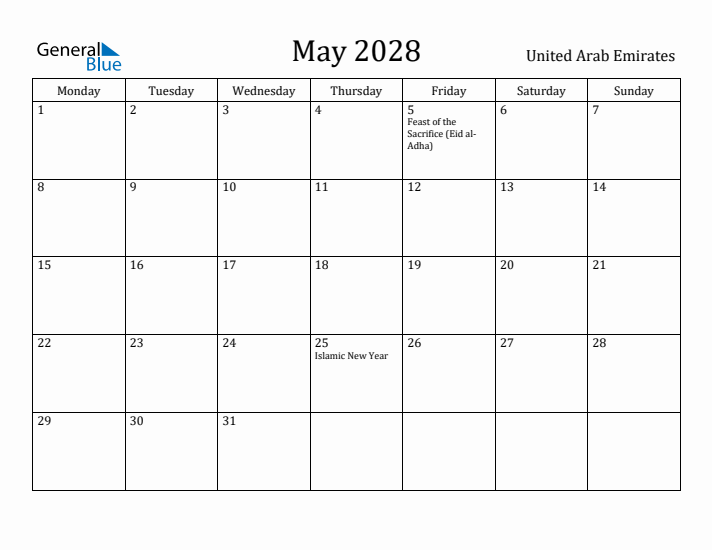 May 2028 Calendar United Arab Emirates