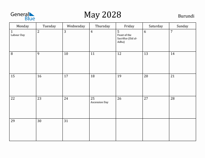 May 2028 Calendar Burundi