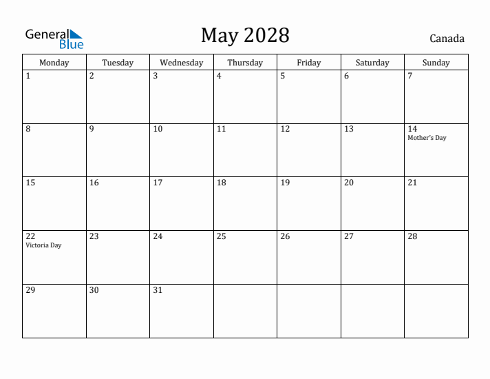 May 2028 Calendar Canada