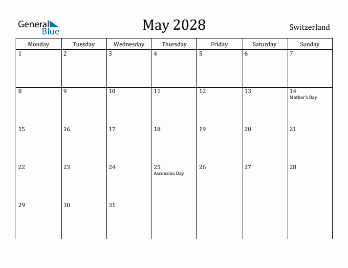 May 2028 Calendar Switzerland