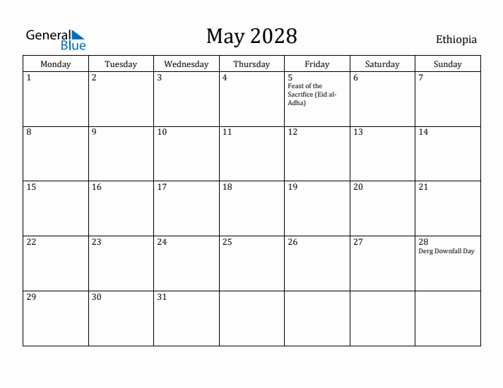 May 2028 Calendar Ethiopia