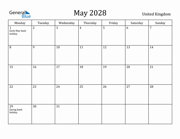 May 2028 Calendar United Kingdom