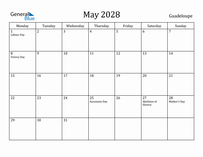 May 2028 Calendar Guadeloupe