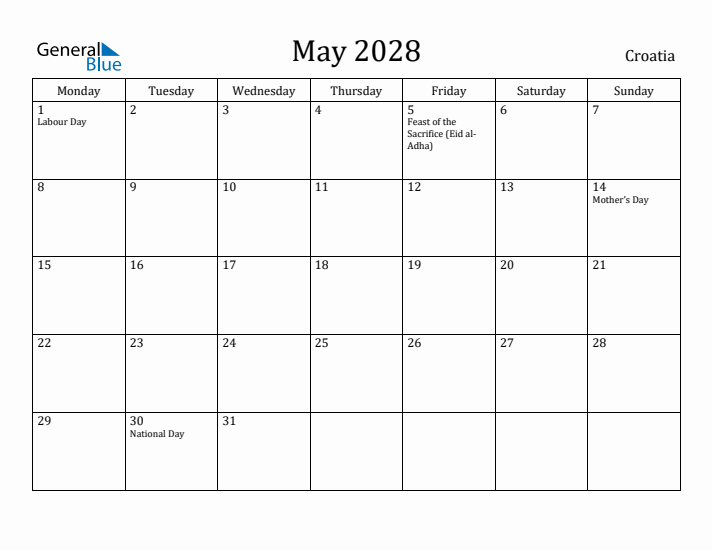 May 2028 Calendar Croatia