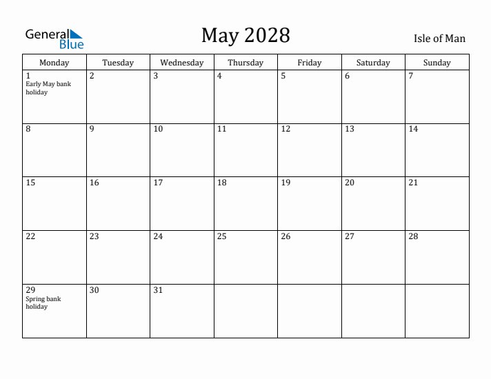 May 2028 Calendar Isle of Man