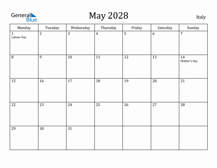 May 2028 Calendar Italy