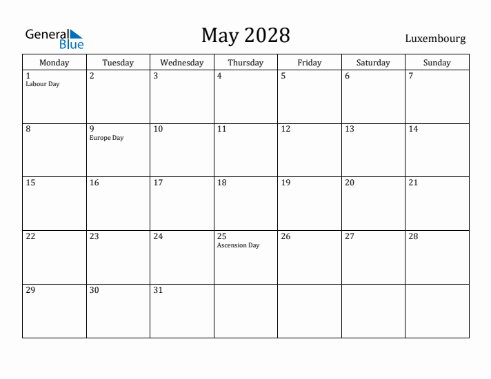 May 2028 Calendar Luxembourg