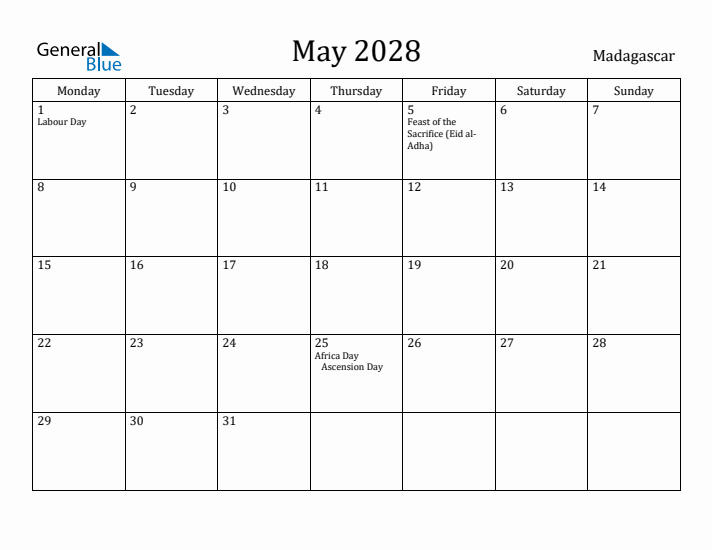 May 2028 Calendar Madagascar