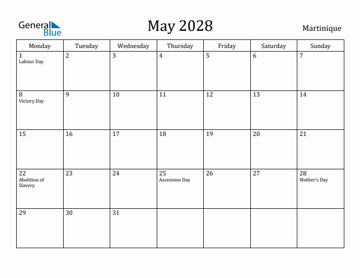 May 2028 Calendar Martinique