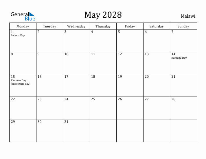 May 2028 Calendar Malawi