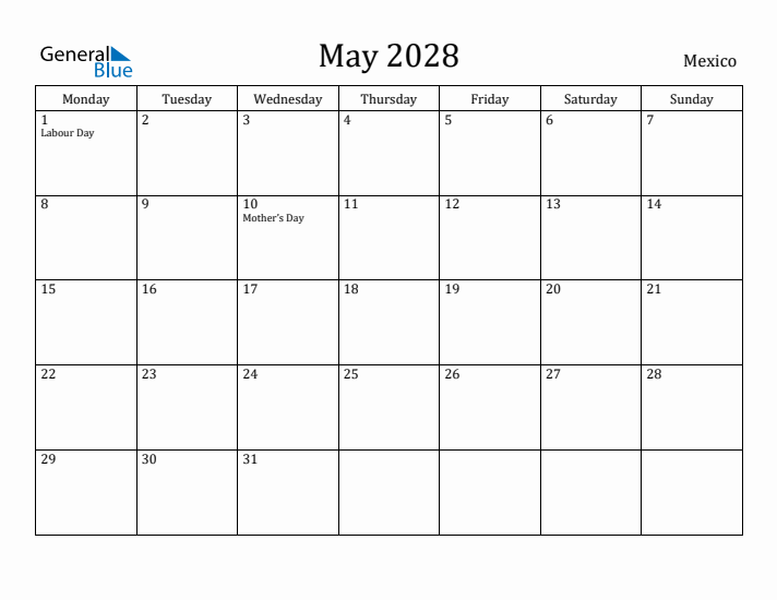 May 2028 Calendar Mexico