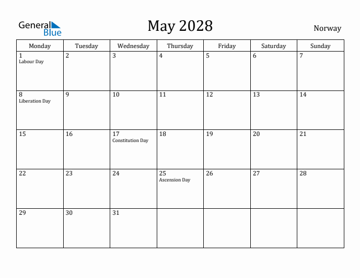 May 2028 Calendar Norway