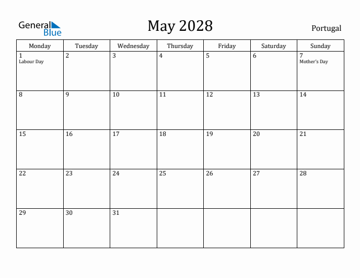 May 2028 Calendar Portugal