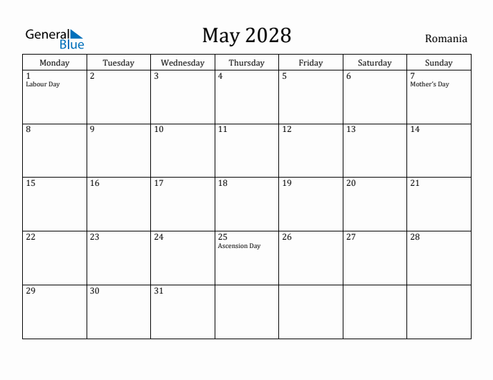 May 2028 Calendar Romania