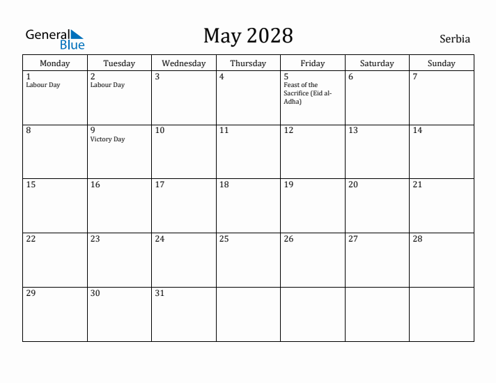 May 2028 Calendar Serbia