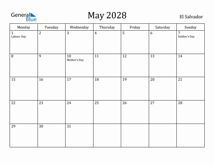 May 2028 Calendar El Salvador