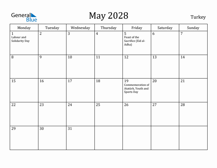 May 2028 Calendar Turkey