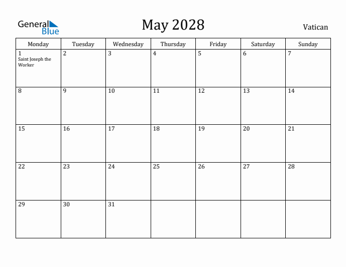 May 2028 Calendar Vatican