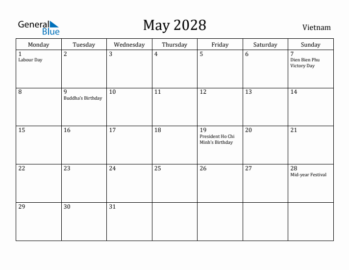 May 2028 Calendar Vietnam