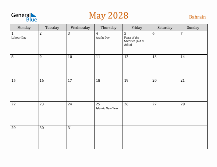 May 2028 Holiday Calendar with Monday Start