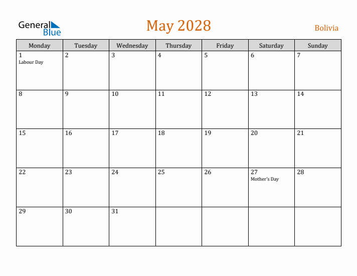 May 2028 Holiday Calendar with Monday Start