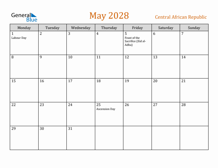 May 2028 Holiday Calendar with Monday Start