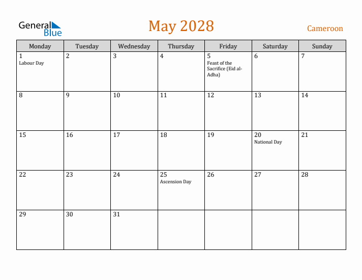 May 2028 Holiday Calendar with Monday Start