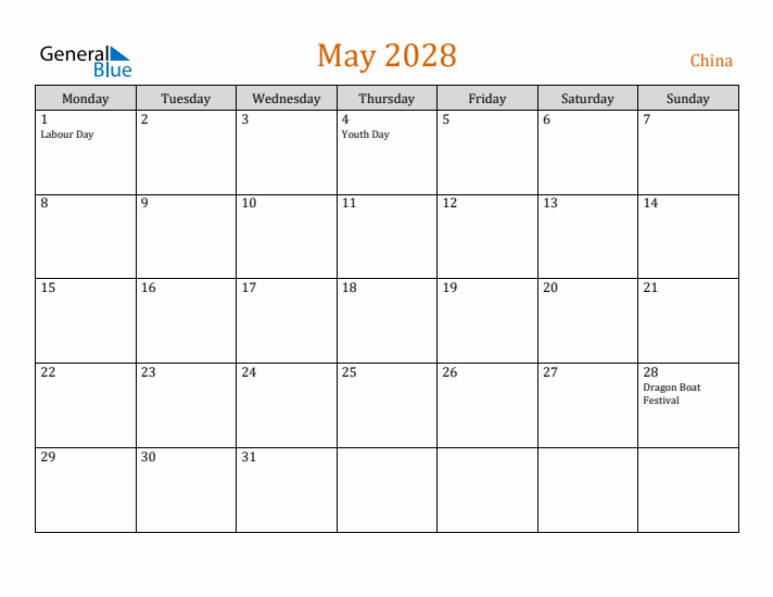 May 2028 Holiday Calendar with Monday Start