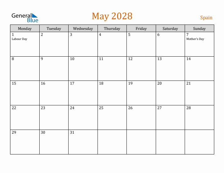 May 2028 Holiday Calendar with Monday Start