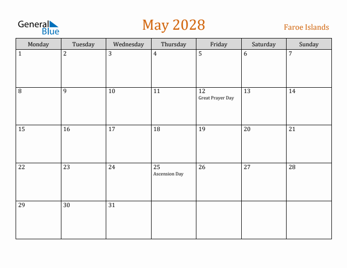 May 2028 Holiday Calendar with Monday Start