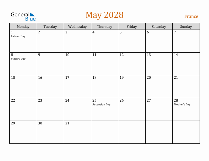 May 2028 Holiday Calendar with Monday Start