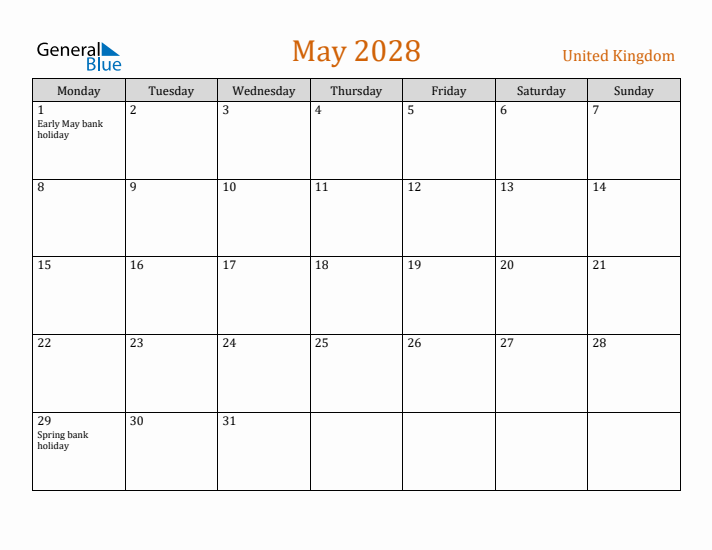 May 2028 Holiday Calendar with Monday Start