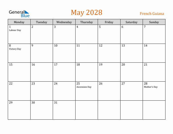 May 2028 Holiday Calendar with Monday Start