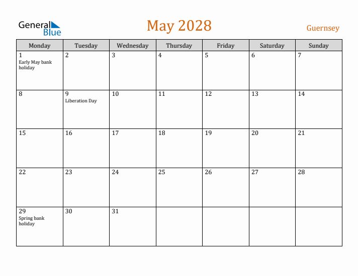 May 2028 Holiday Calendar with Monday Start