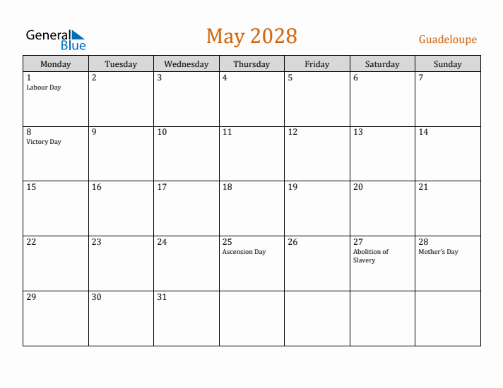 May 2028 Holiday Calendar with Monday Start