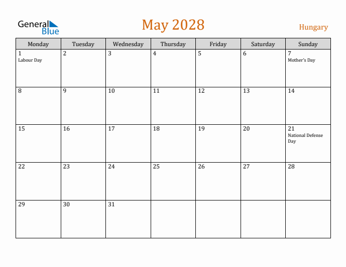 May 2028 Holiday Calendar with Monday Start