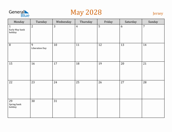 May 2028 Holiday Calendar with Monday Start