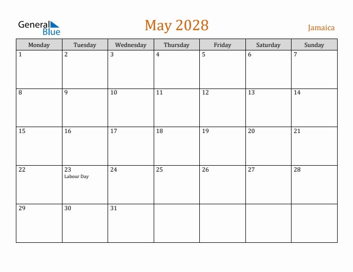 May 2028 Holiday Calendar with Monday Start