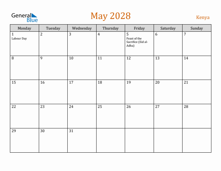 May 2028 Holiday Calendar with Monday Start