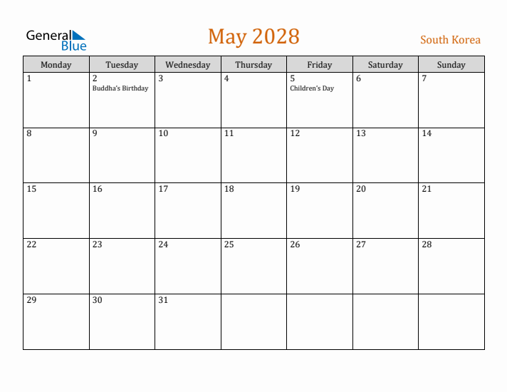 May 2028 Holiday Calendar with Monday Start