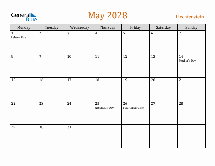 May 2028 Holiday Calendar with Monday Start