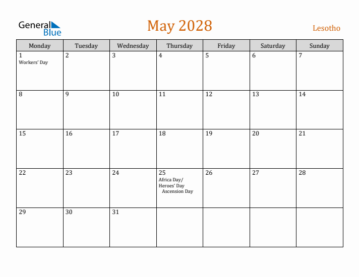 May 2028 Holiday Calendar with Monday Start