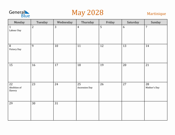 May 2028 Holiday Calendar with Monday Start