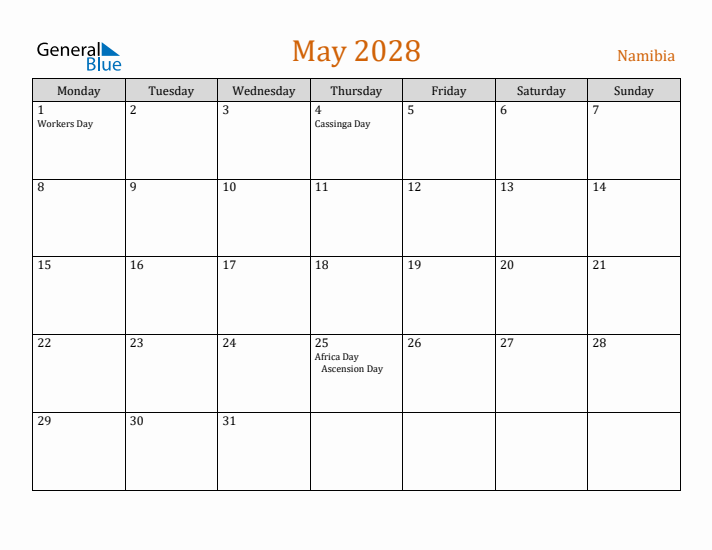 May 2028 Holiday Calendar with Monday Start