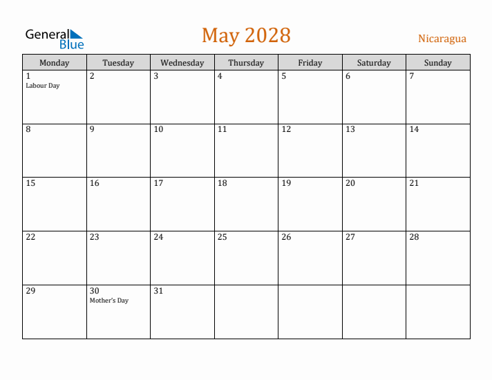 May 2028 Holiday Calendar with Monday Start