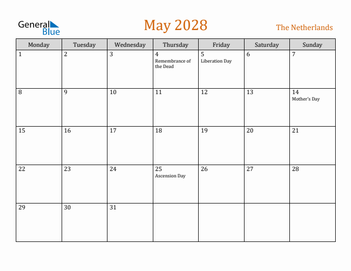 May 2028 Holiday Calendar with Monday Start