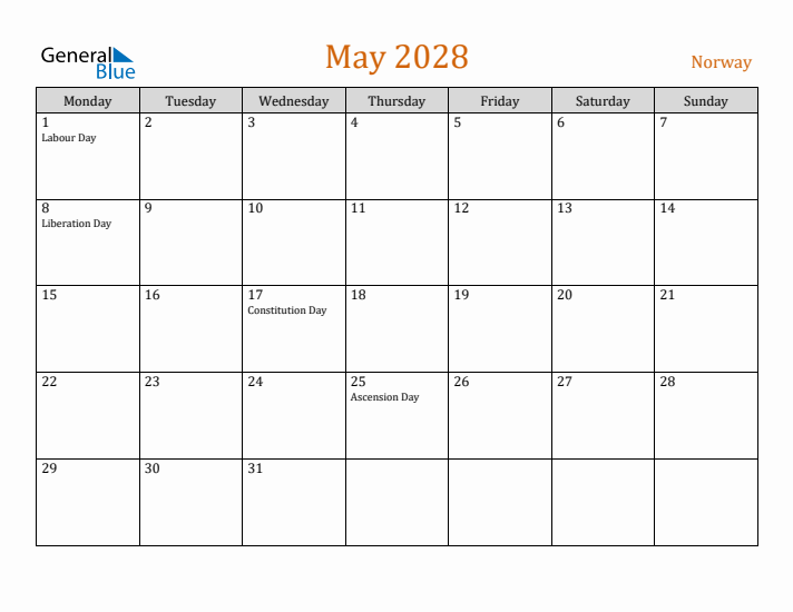 May 2028 Holiday Calendar with Monday Start