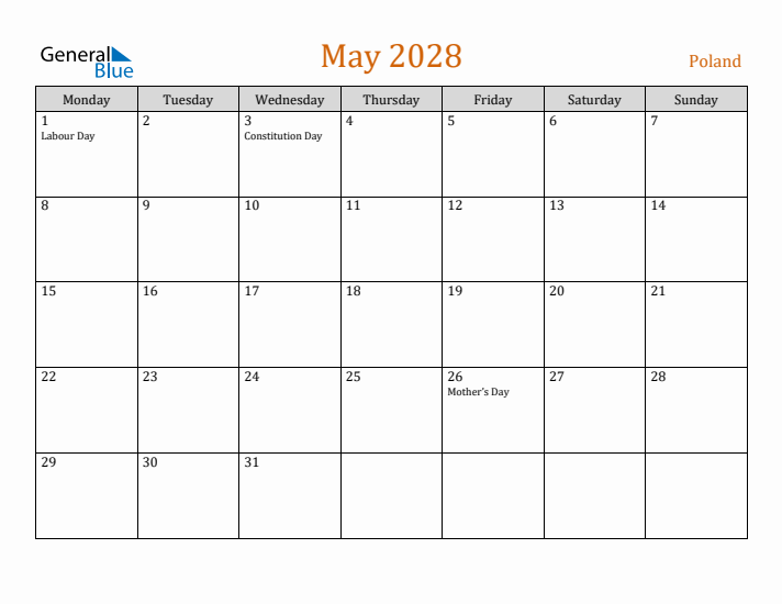 May 2028 Holiday Calendar with Monday Start