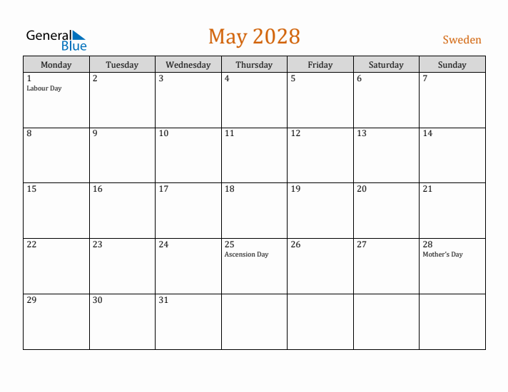 May 2028 Holiday Calendar with Monday Start